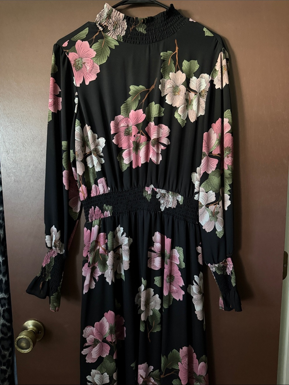 Black Floral Long-Sleeve Smocked-Waist Dress - Pink & Green